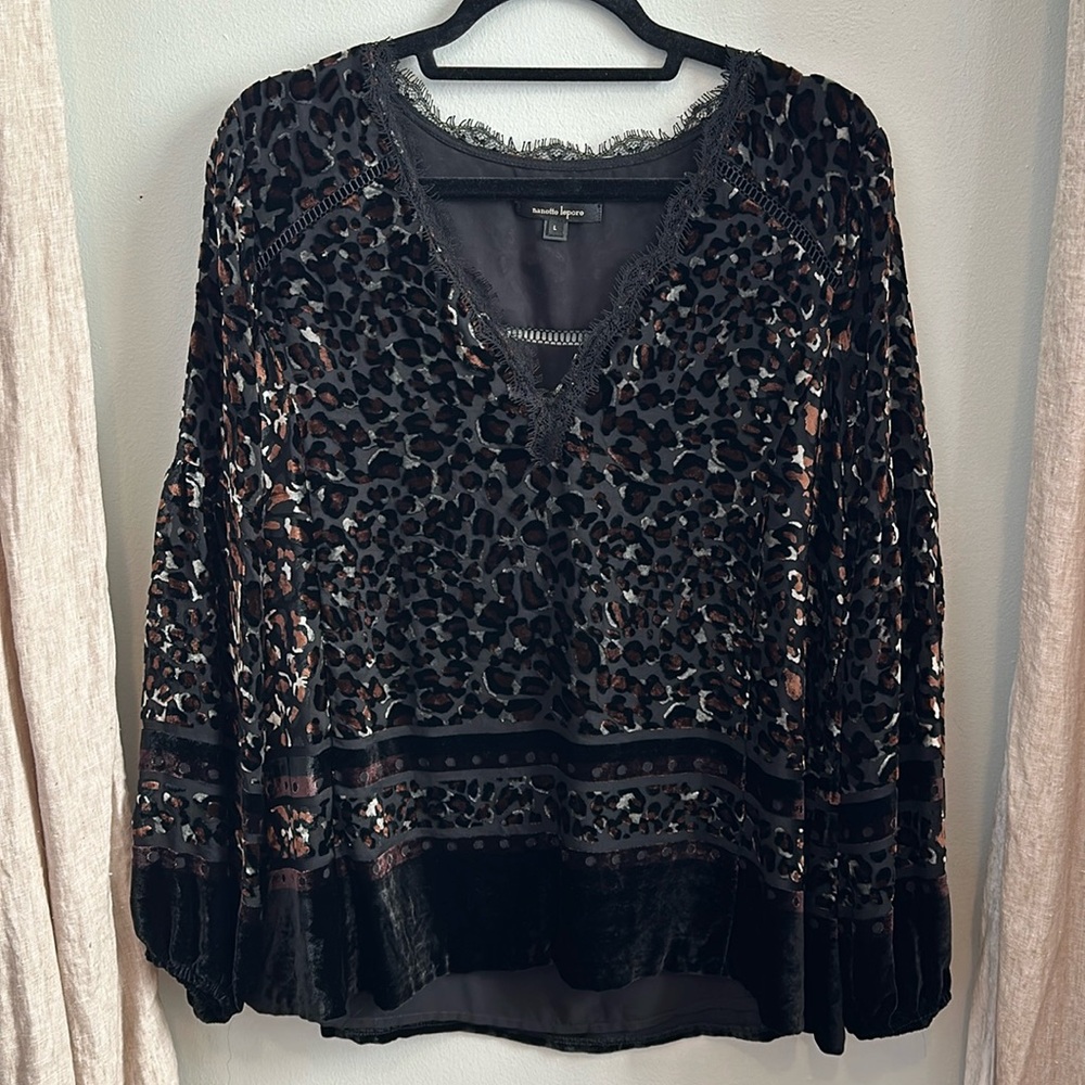 Nanette Lepore Velvet Leopard-Print Blouse, Size Large